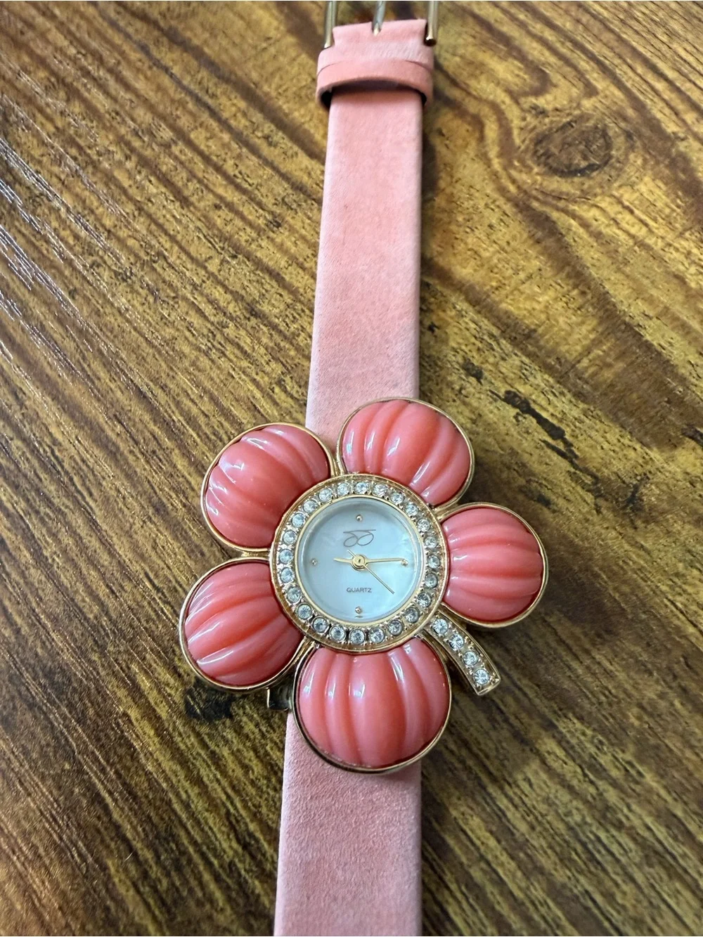 Suzanne Somers Pink Flower Watch Rhinestone Mother Pearl Leather Y2K Quartz